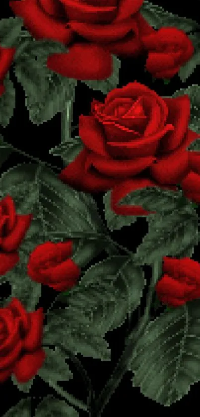 Elegant wallpaper with vibrant red roses and lush green leaves.