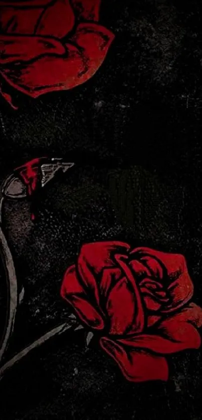 Mobile wallpaper with red roses on dark background.