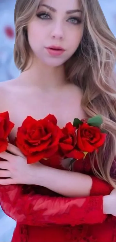 Aesthetic red roses held by a woman in a floral wallpaper.