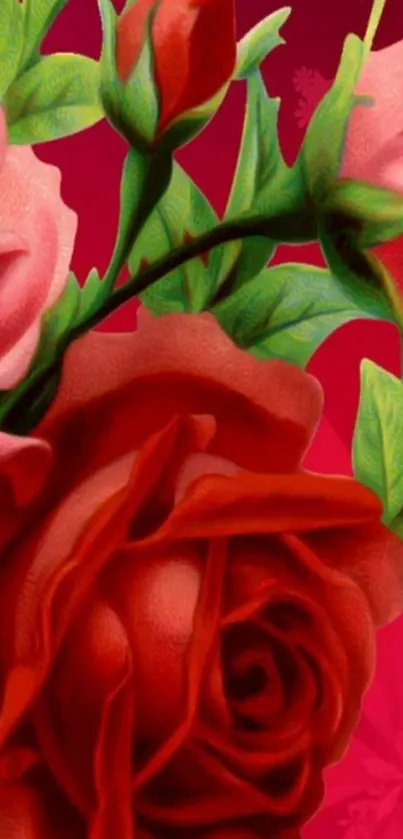 Vibrant red roses and green leaves on a striking crimson background.