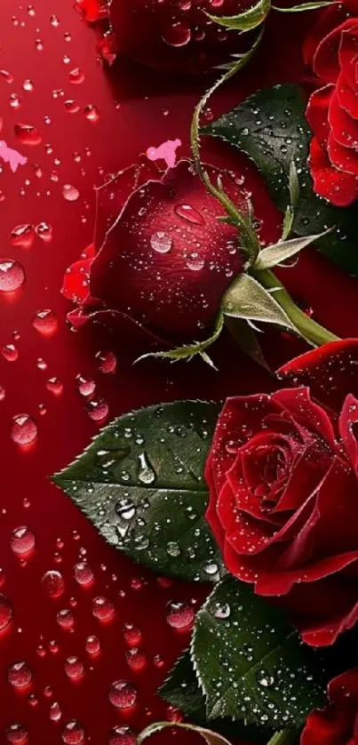 Vibrant red roses with dew drops