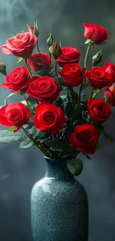 Red roses in a classic vase.