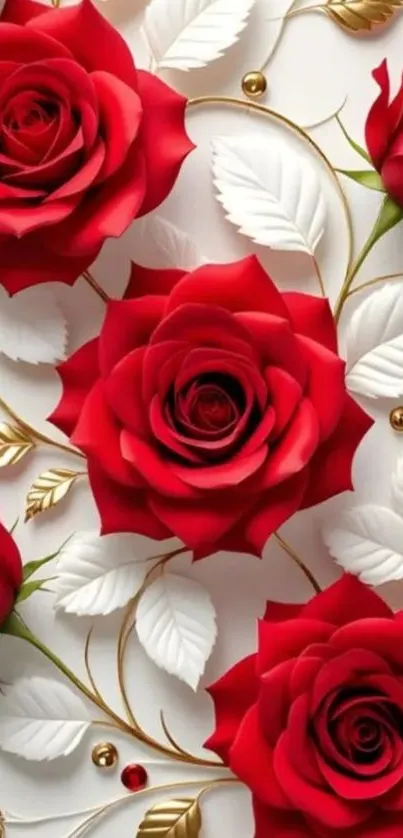Elegant red roses with golden accents wallpaper.