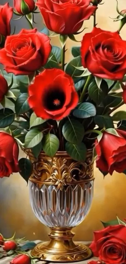 Elegant golden vase with vibrant red roses in a floral artwork.
