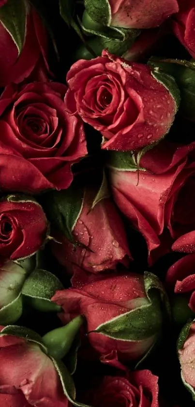 Mobile wallpaper with elegant red roses and dewdrops.