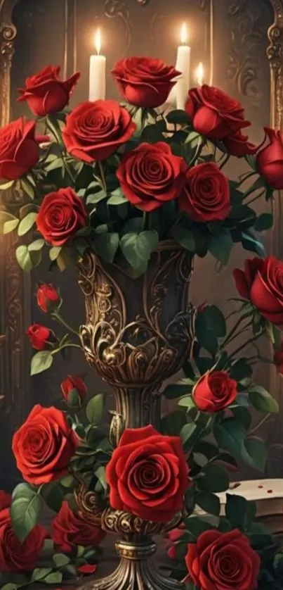 Luxurious wallpaper with red roses and glowing candles.