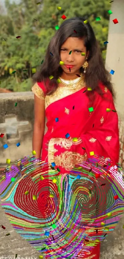 Woman in vibrant red saree with a serene outdoor background.