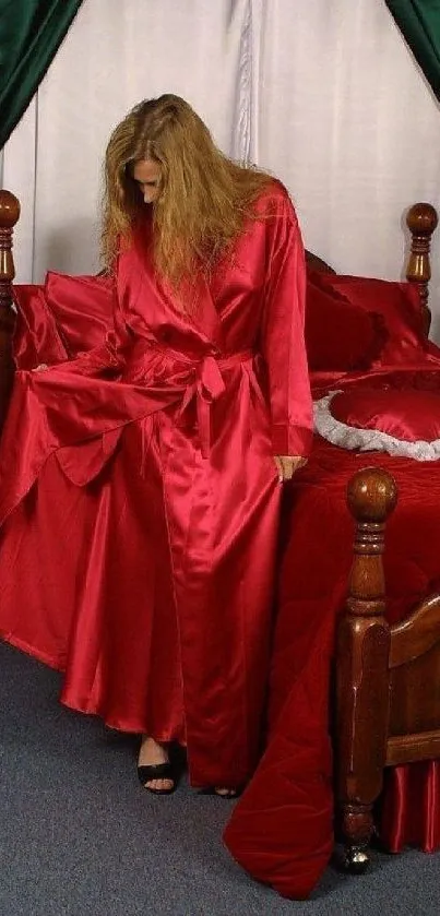 Elegant red satin themed bedroom with matching outfit.