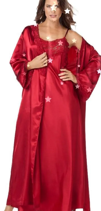 Luxurious red satin gown with elegant design.