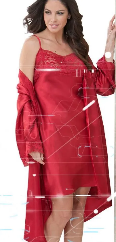 Woman in elegant red satin nightwear leaning against a textured wall.