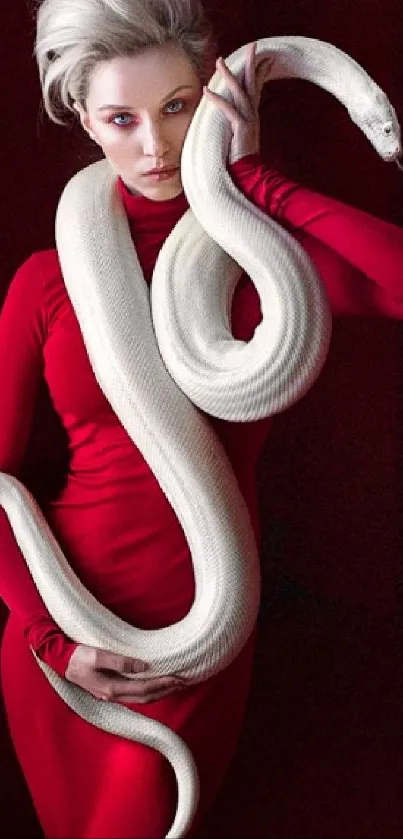 Elegant red wallpaper with white snake and figure in red outfit.