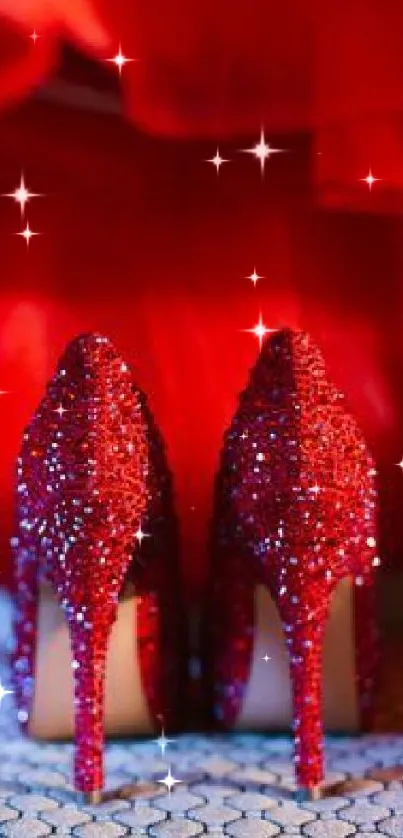 Sparkly red high heels against a vibrant textured backdrop.