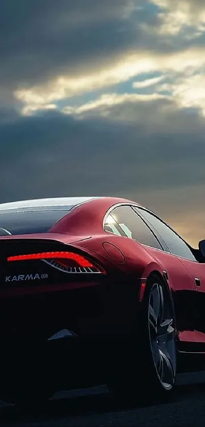 Red sports car under a dramatic cloudy sky.