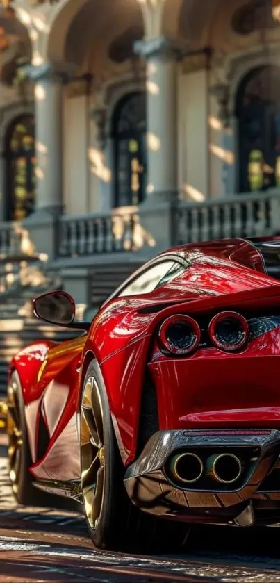 Elegant red sports car in urban setting.