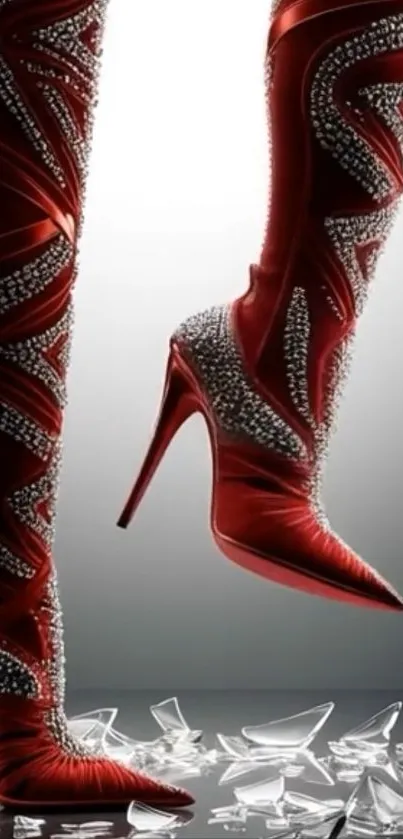 Red stiletto boots with sparkling embellishments on shattering glass.