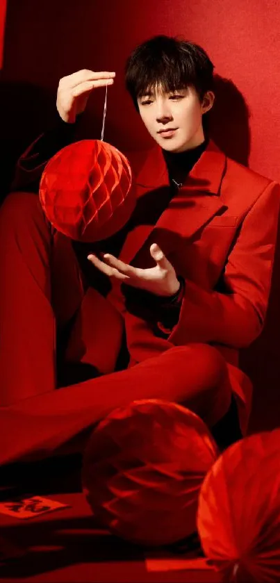 Man in a red suit with decorative red elements.