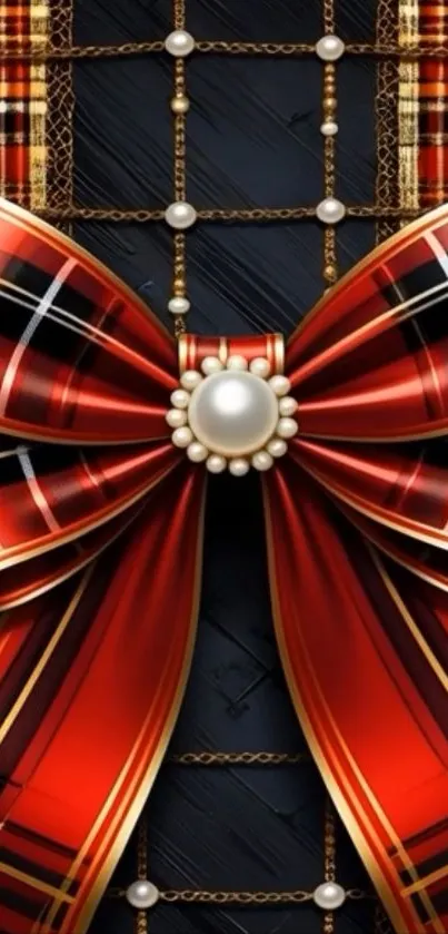 Elegant red tartan bow with pearls mobile wallpaper.