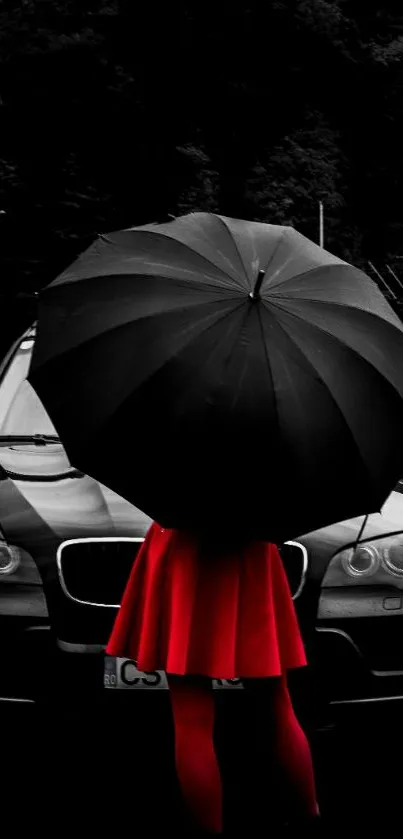 Black umbrella with red skirt in urban setting.