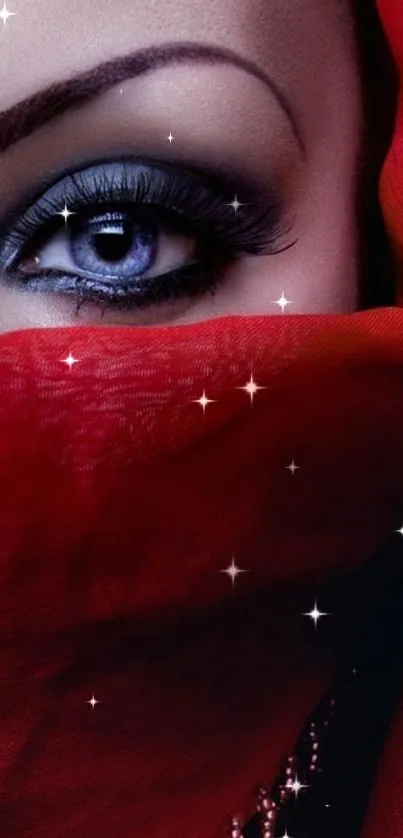 Mysterious eye set against a red veil.