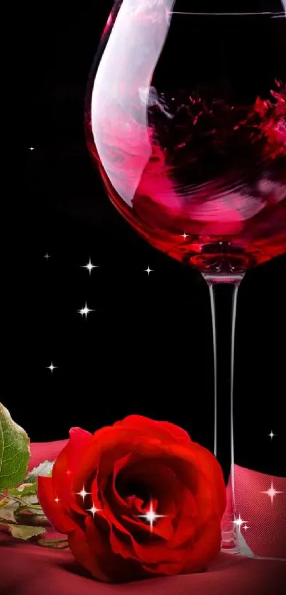 Red wine glass and rose on dark background wallpaper.