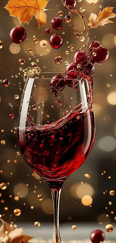 Red wine splash with grapes and autumn leaves.