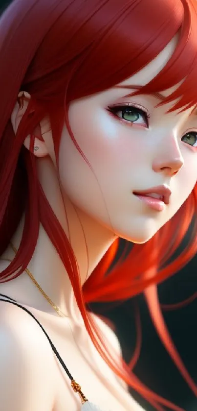 Elegant anime redhead with green eyes in a stylish design.