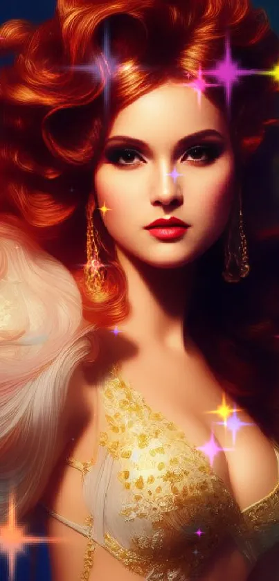 Elegant redhead fantasy art with vibrant colors and intricate details.