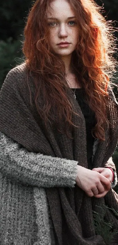 Red-haired woman in shawl, serene portrait with green backdrop.