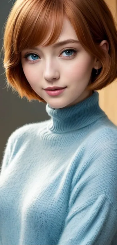 Elegant redhead in a blue sweater with serene expression.