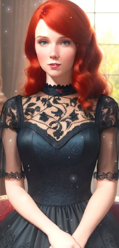 Elegant red-haired woman in a vintage black dress sitting in a classic room.