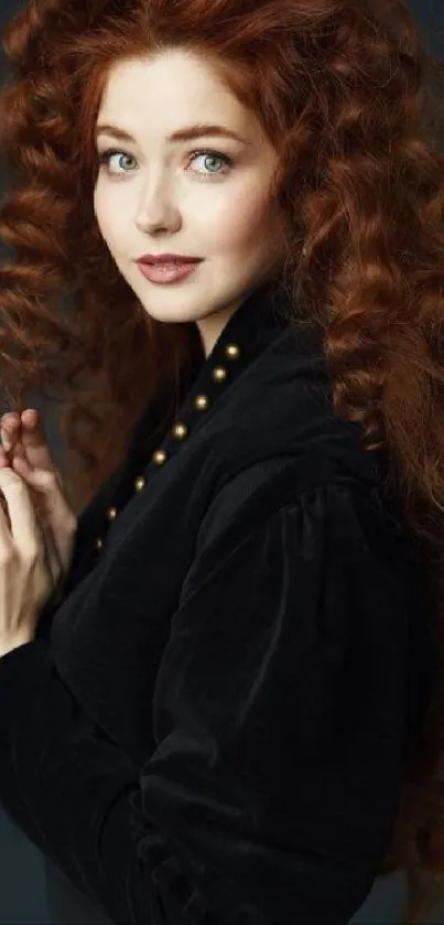 Elegant portrait of a redhead woman with curly hair on a dark background.