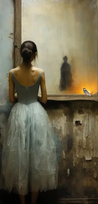 Back view of a person gazing at a mirror with a shadowy reflection and a bird perched nearby.