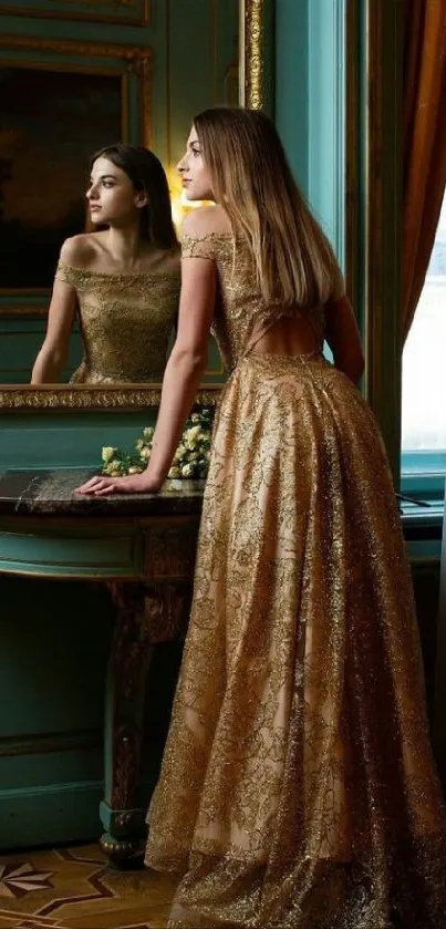 Woman in golden gown by a mirror in an elegant room.