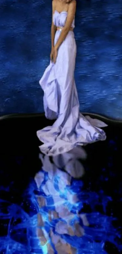 Elegant woman in blue dress reflecting on water.