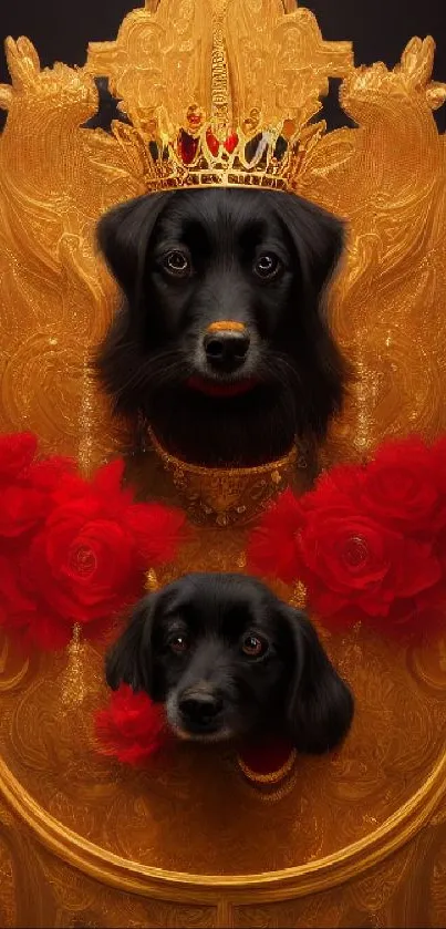 Dogs on a golden throne with red roses, ideal for elegant wallpapers.