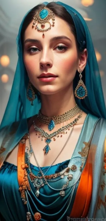 Elegant woman in teal attire adorned with intricate jewelry.