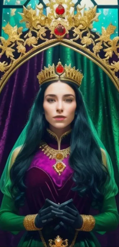 Regal queen portrait with crown, ornate frame, and vibrant background colors.