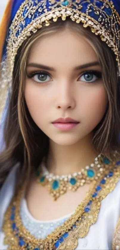 Portrait of a woman in regal blue attire.