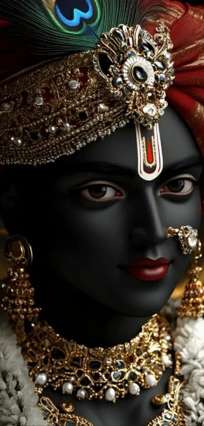 Portrait of a regal figure adorned in jewelry and rich colors.