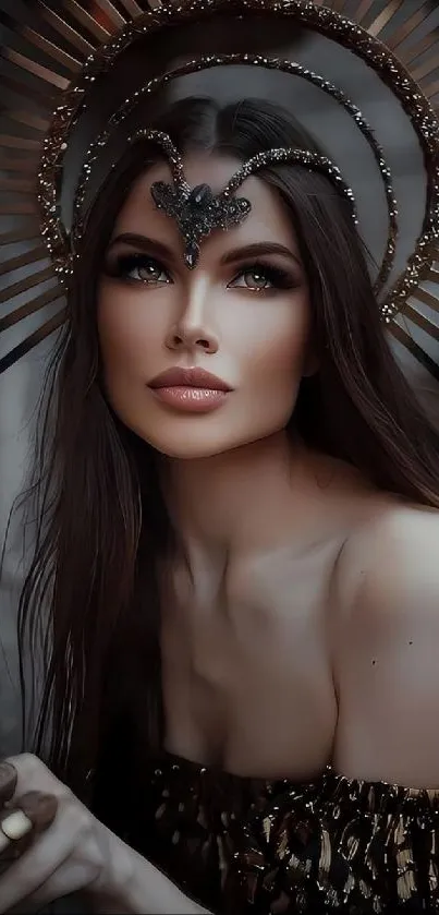 Elegant woman with regal crown in dark tones.