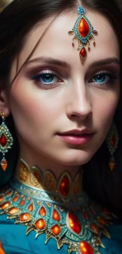 Elegant regal portrait with jewelry and blue hues.