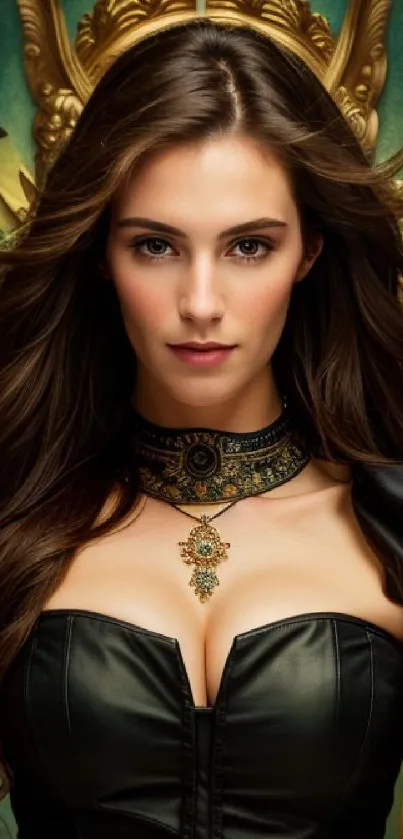 Elegant woman in regal attire with brown hair and ornate jewelry.