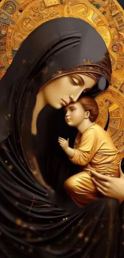 Elegant religious art with gold and black hues showcasing mother and child icon.