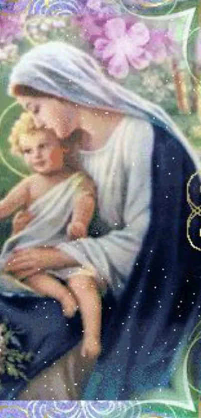 Elegant religious wallpaper with mother and child.