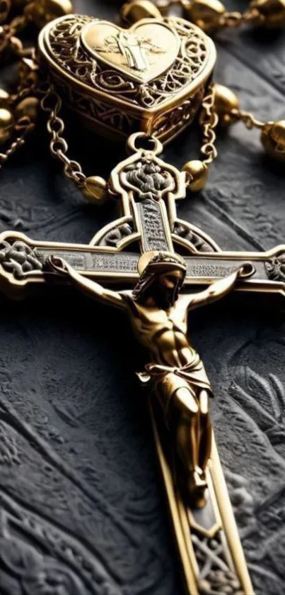 Golden cross and rosary on textured surface.