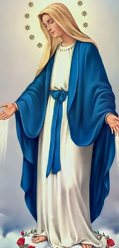 Elegant religious icon with blue cape and serene expression.