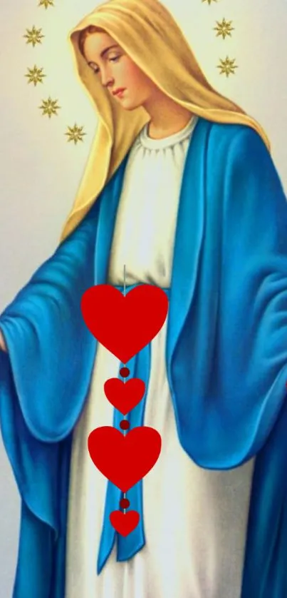 Religious mobile wallpaper with blue robe and red hearts.