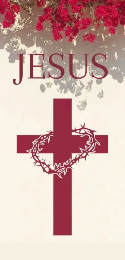 Maroon cross with crown of thorns on cream background and pink flowers.