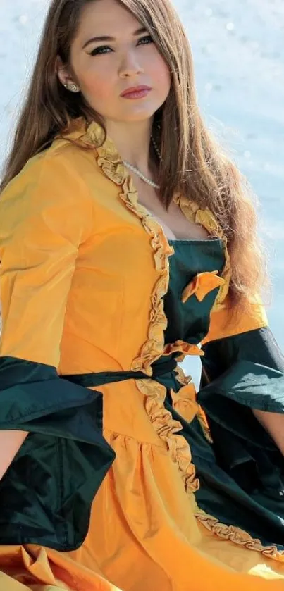 Woman in orange Renaissance dress by the lake.