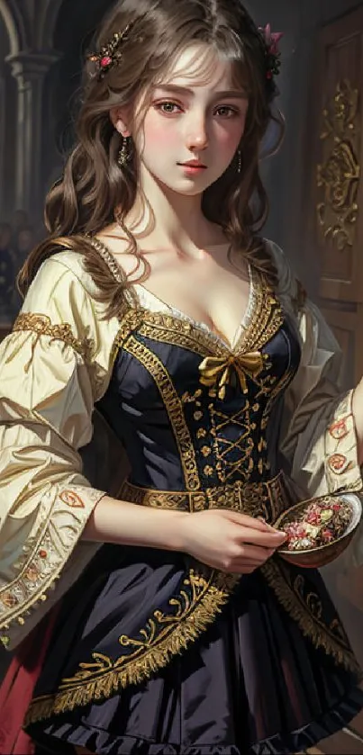 Elegant woman in Renaissance attire with detailed background, mobile wallpaper.